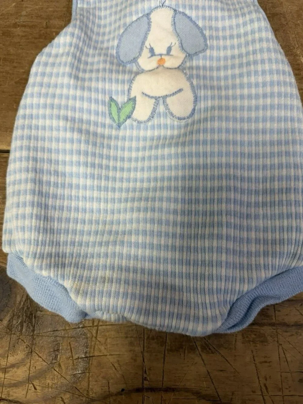 Vintage 1970s Health-Tex Baby 12 M Overalls Romper Blue Check Puppy Dog Applique